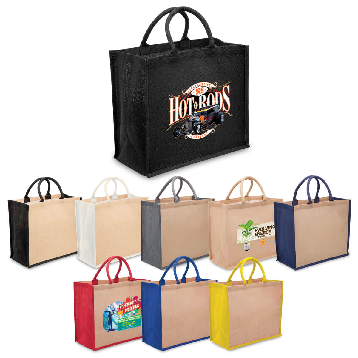 Eco Jute Tote with wide gusset and custom embroidered corporate brand logo