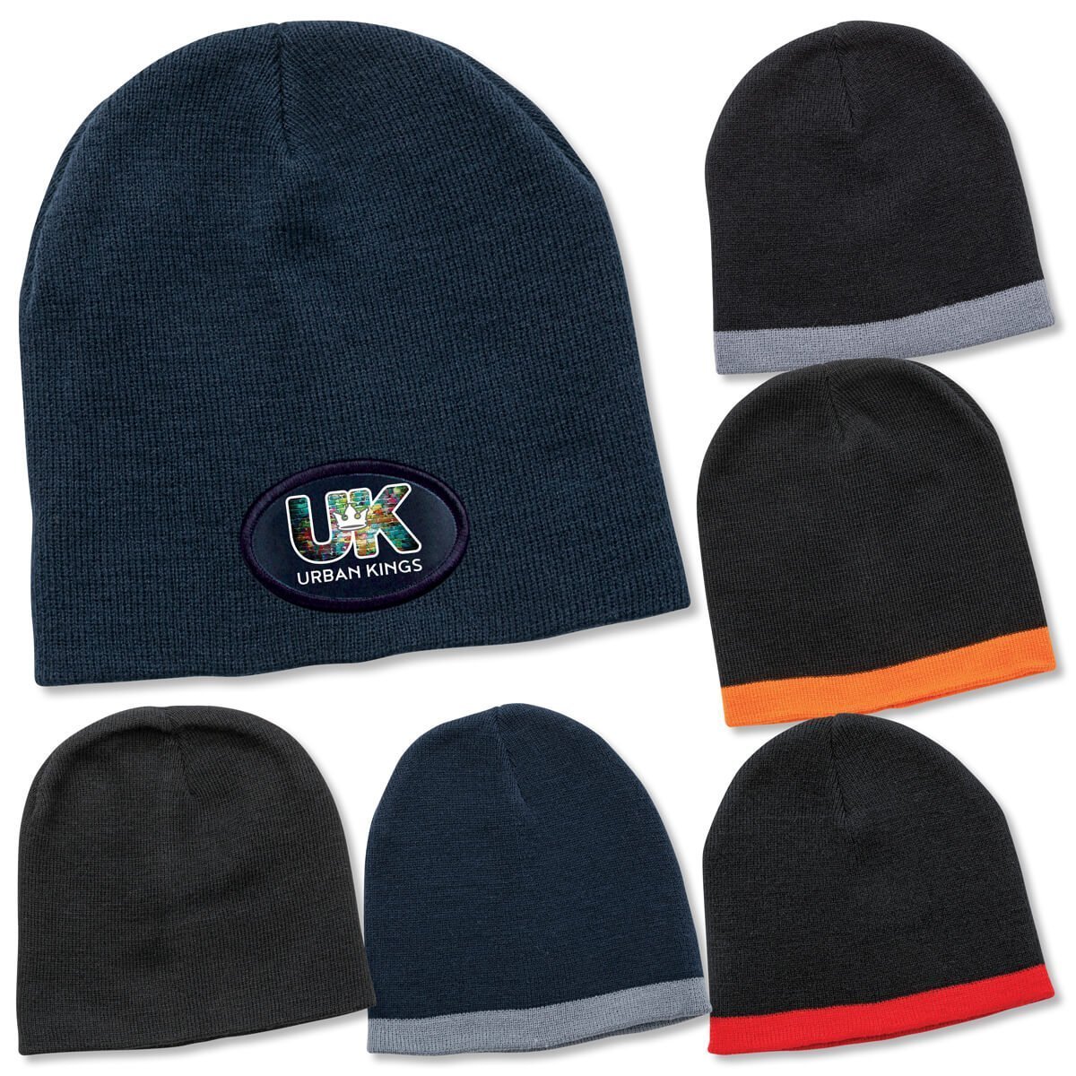 Contrast Skull Beanie with colored bottom trim and custom trade logo embroidery