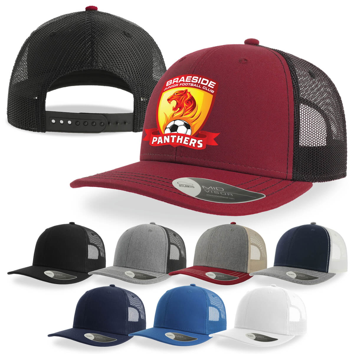 Sonic Trucker Cap with contrast pro-stitching and custom corporate logo embroidery