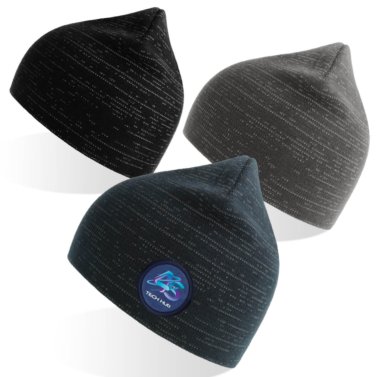 Shine Reflective Beanie with bright reflex yarn and custom corporate logo embroidery