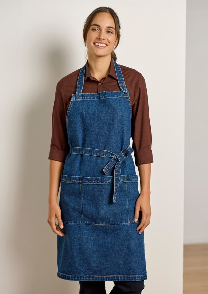 Clout Denim Bib Apron in stonewashed cotton denim with custom embroidered brewery logo