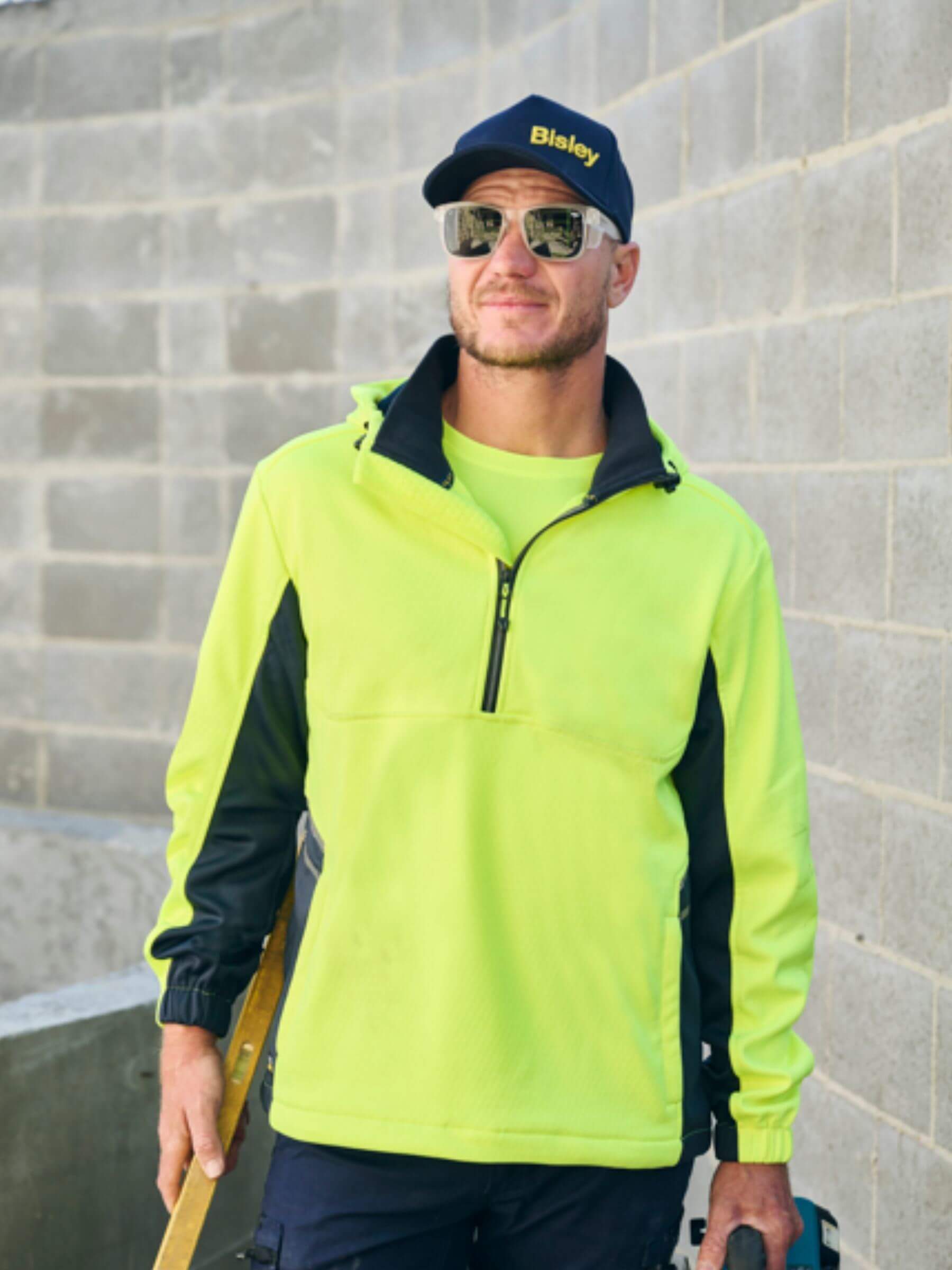 Mens Scotchgard Fleece Hoodie with half-front zipper and custom trade logo