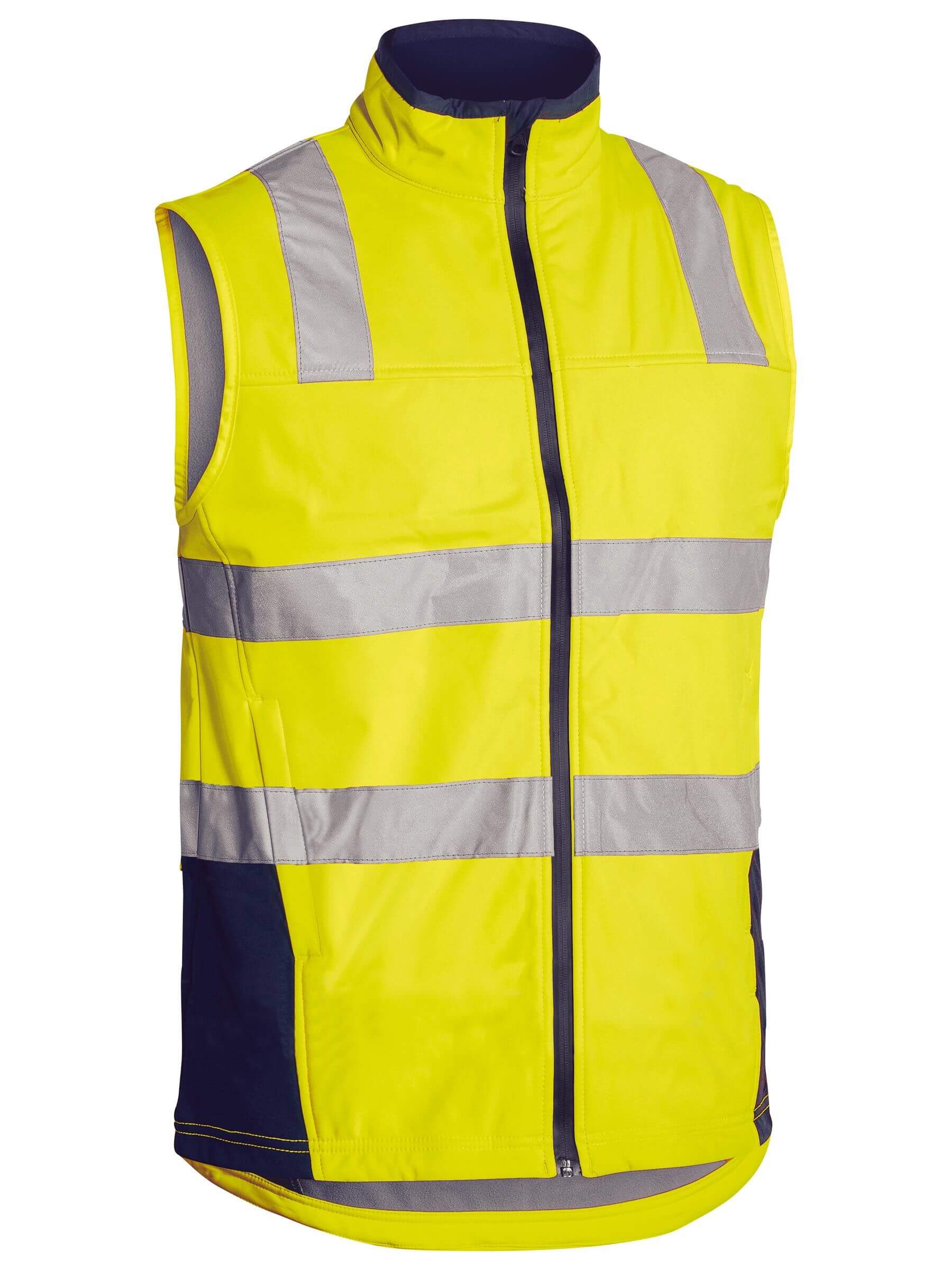 Mens Taped Softshell Vest with over-the-shoulder reflective tape and custom business logo