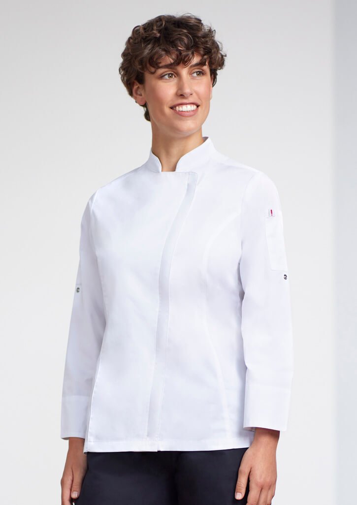 Womens Alfresco Long Sleeve Chef Jacket with tailored fit and embroidered culinary logo