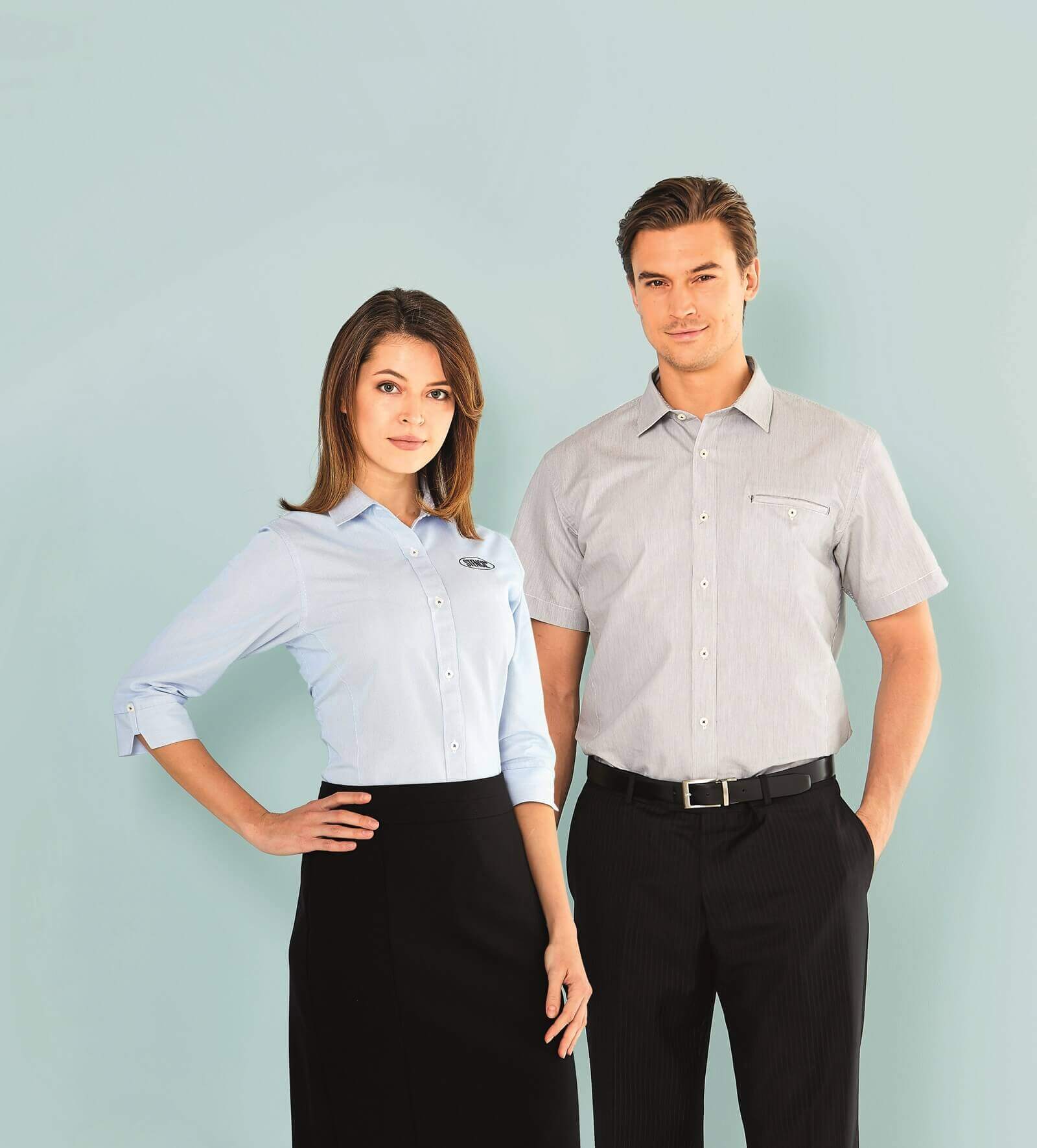 Mens Empire Shirt Long Sleeve in mini-stripe cotton blend with custom embroidered corporate badge