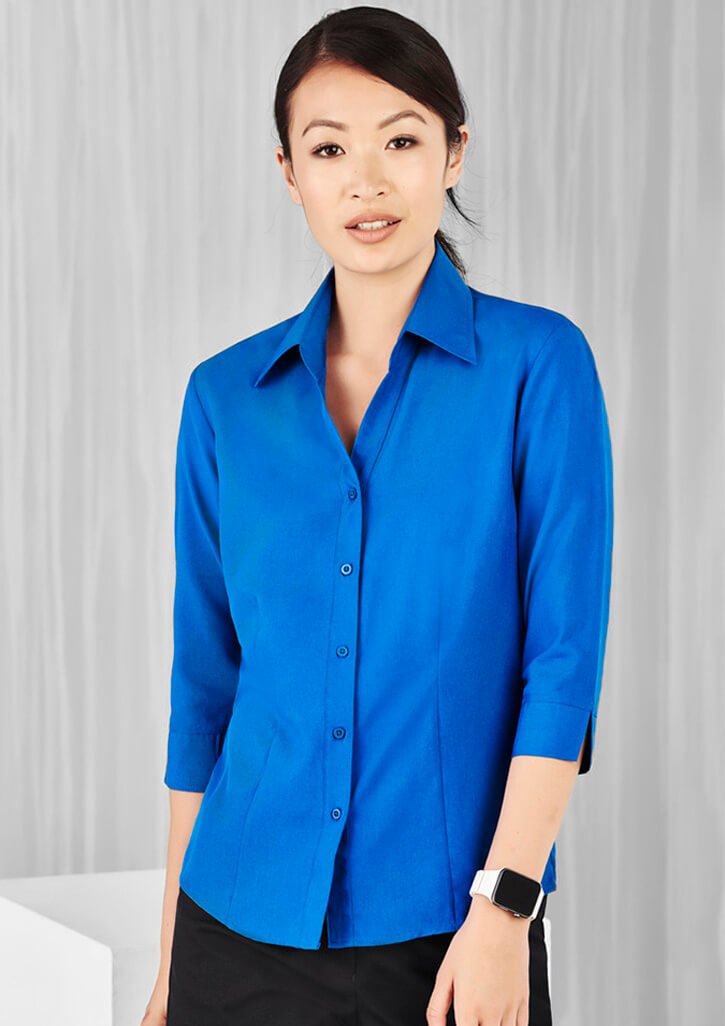 Womens Oasis 3/4 Sleeve Shirt with open neckline and custom embroidered clinic logo