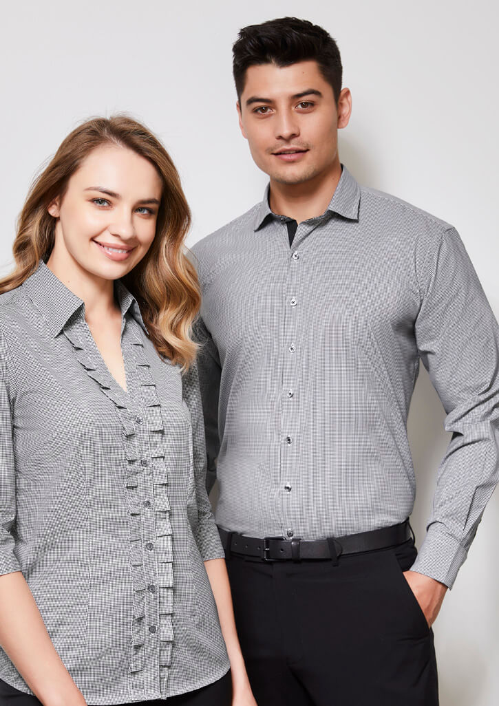 Mens Edge Long Sleeve Shirt in yarn-dyed check with contrast collar trim and custom embroidered logo