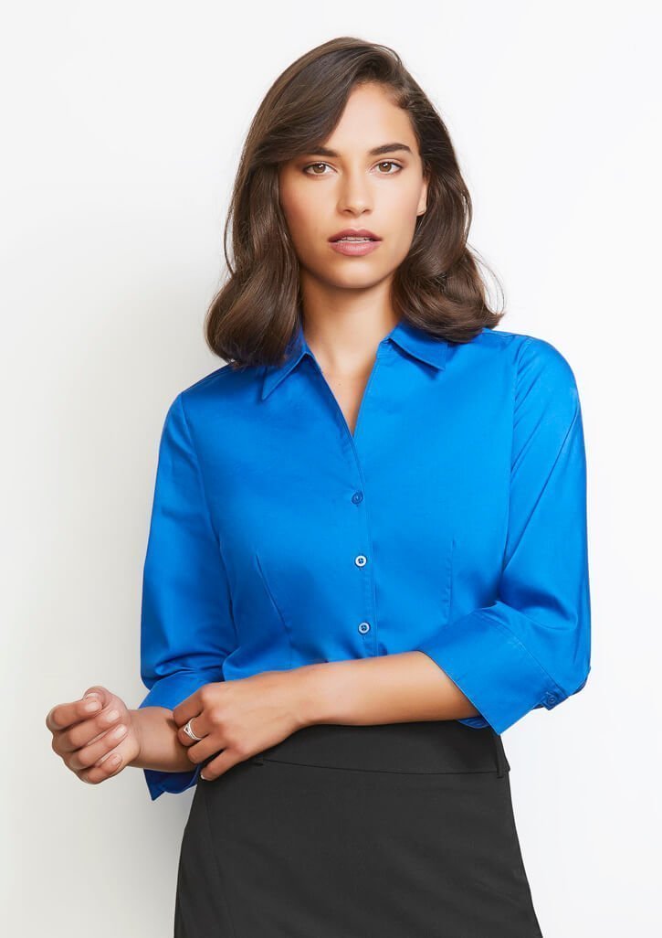Womens Monaco 3/4 Sleeve Shirt in stretch cotton with turn-back cuffs and custom embroidered business logo