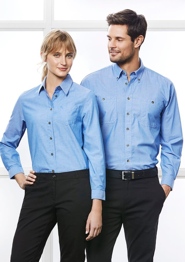 Womens Chambray Long Sleeve Shirt in Chambray Blue with tortoiseshell buttons and custom embroidered business logo