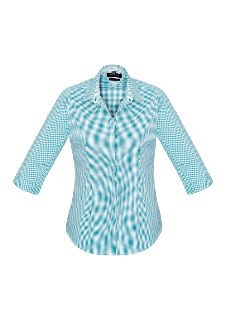 Womens Newport 3/4 Sleeve Shirt in yarn-dyed gingham check with custom embroidered company emblem
