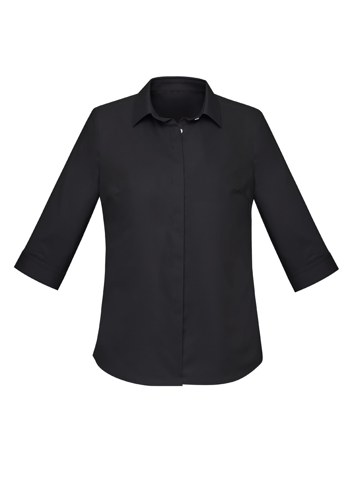 Womens Charlie 3/4 Sleeve Shirt with concealed placket and custom embroidered company crest