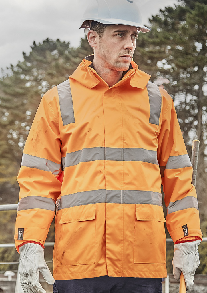 Unisex VIC Rail Raincoat with reversible fleece vest and custom transport company logo