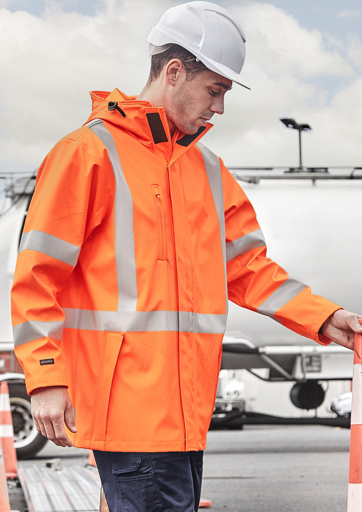 Mens Heavy Duty Raincoat with high-frequency welded seams and custom contractor logo