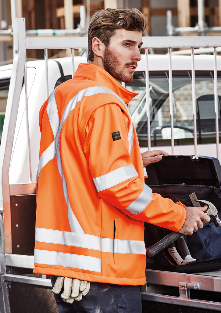 Unisex X Back Softshell with zip-off sleeves and custom contractor logo