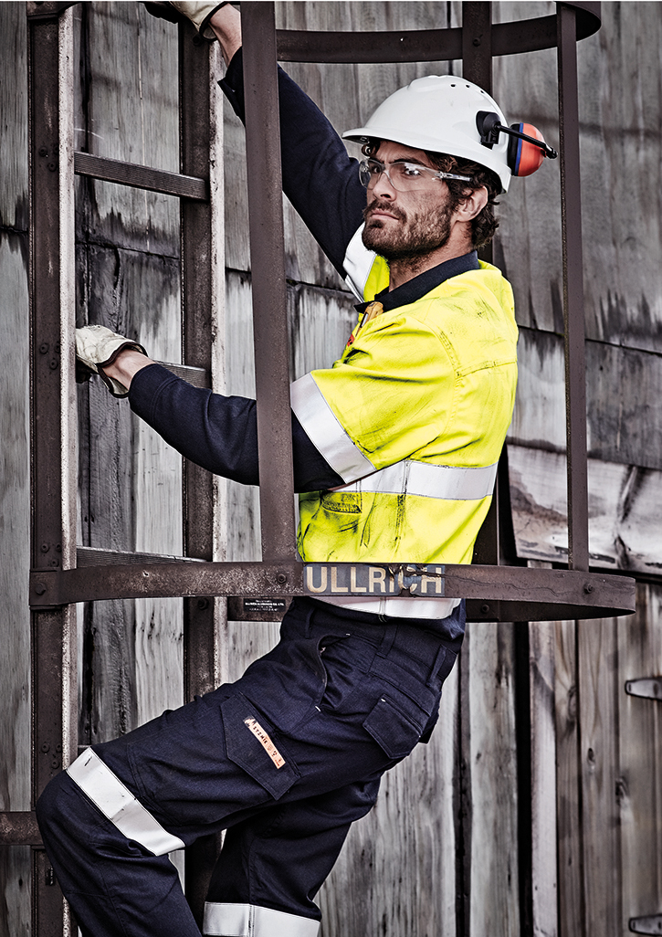 Mens Flame Closed Shirt with half-placket front, FR reflective tape, and custom trade logo