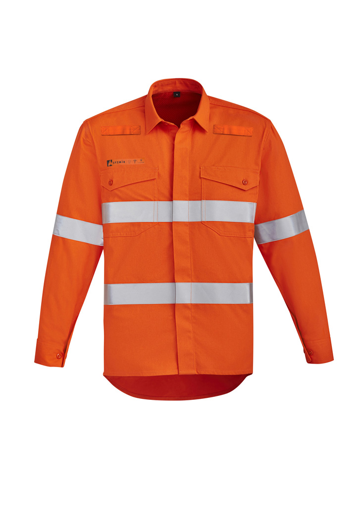 Mens Flame Open Shirt with traditional open front styling, FR tape, and custom corporate logo