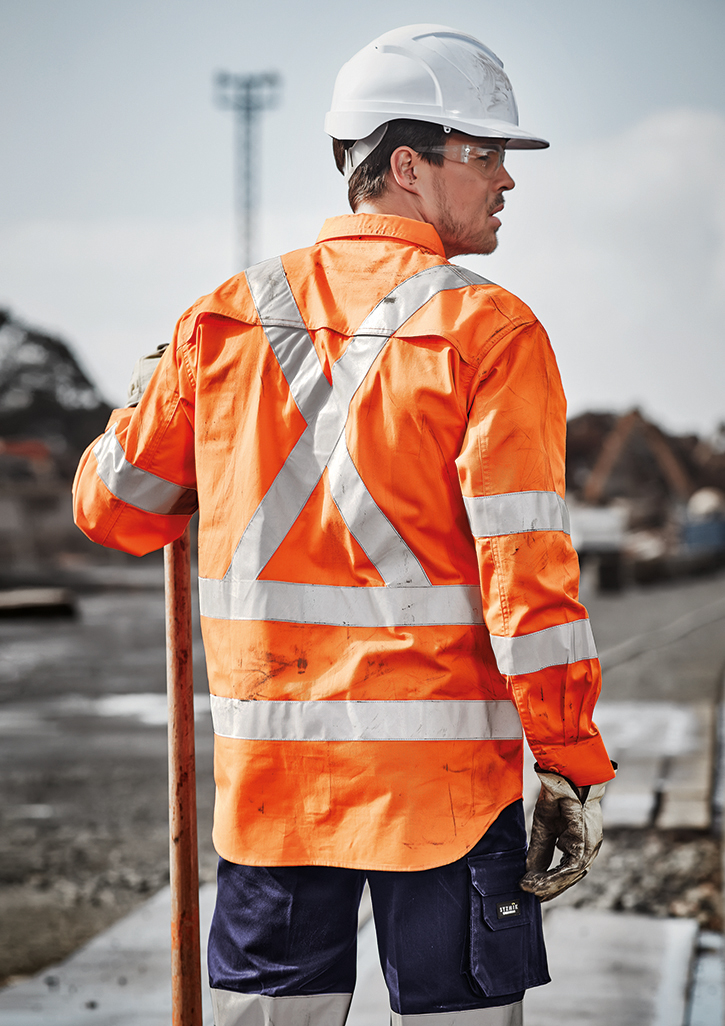Mens Rail Safety Shirt with X-back reflective taping and custom contractor logo